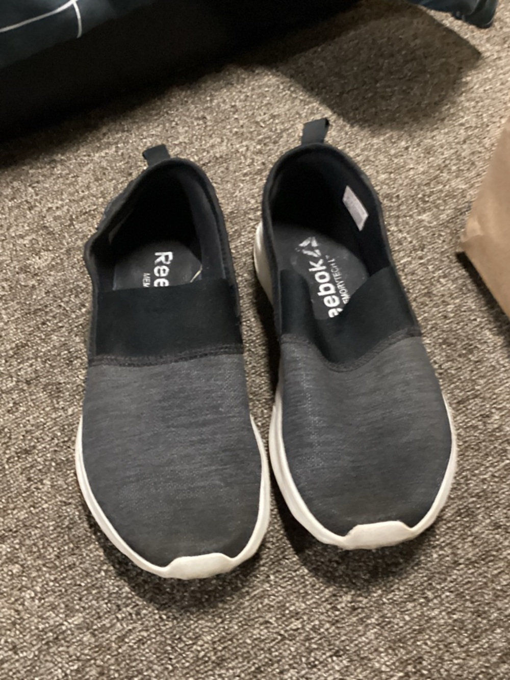 Reebok Womens Slip-On Sneakers in Gray and Black with White Sole